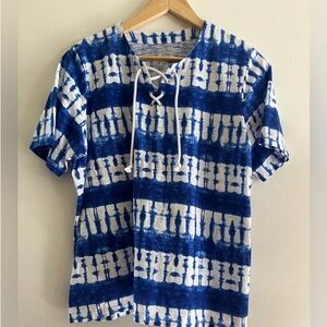 Alia Blue and White Tie-Dye Lace-Up Short Sleeve Tee